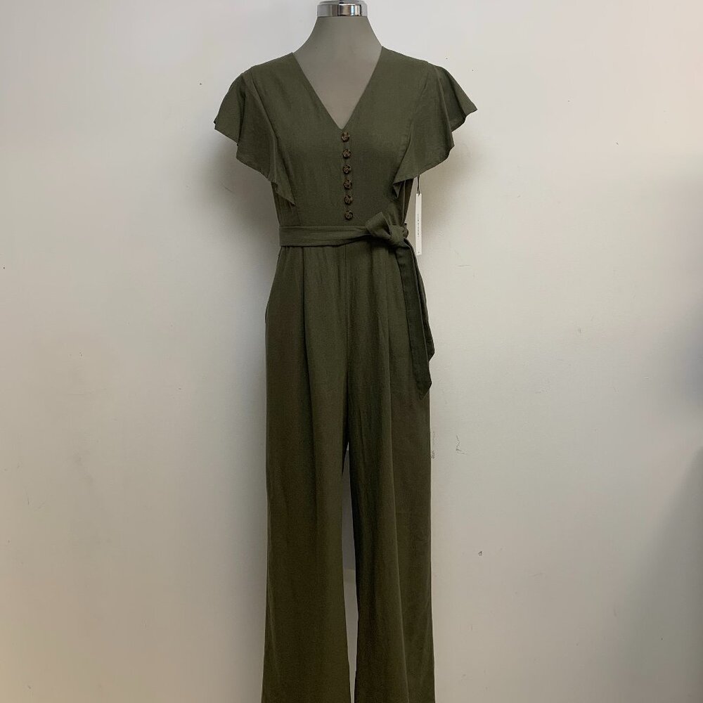 New Calvin Klein Elegant Olive Linen Full Length Jumpsuit Belted Romper